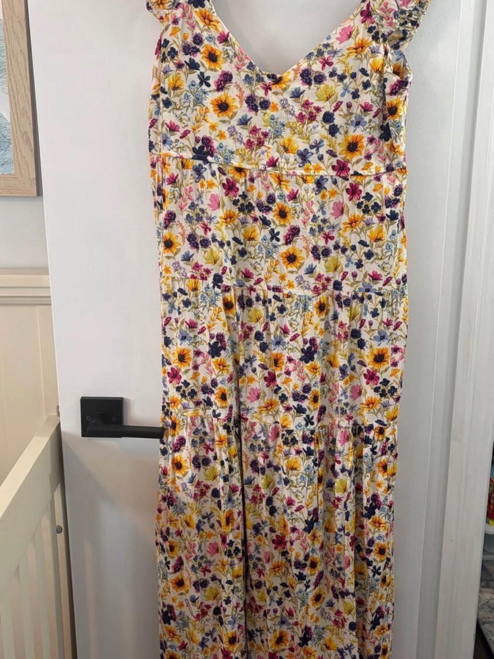 Old Navy White Maxi Dress with Yellow, Pink & Purple Floral Print